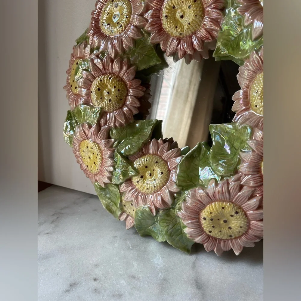 Floral Sunflower Wall Mirror - Pink and Green majolica ceramic artist mirror